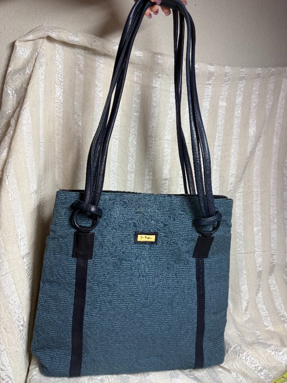 Jim Thompson Teal Blue Textured Fabric Tote Bag Leather Straps Accent